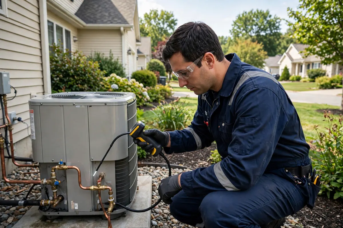 Technician using an electronic detector to find an HVAC refrigerant leak in Camden, NJ