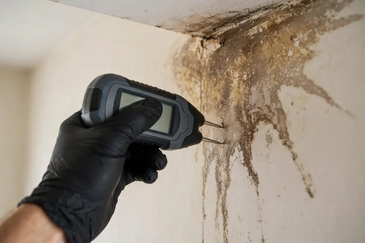 Moisture meter detecting a hidden wall leak with water damage in a Camden, NJ home
