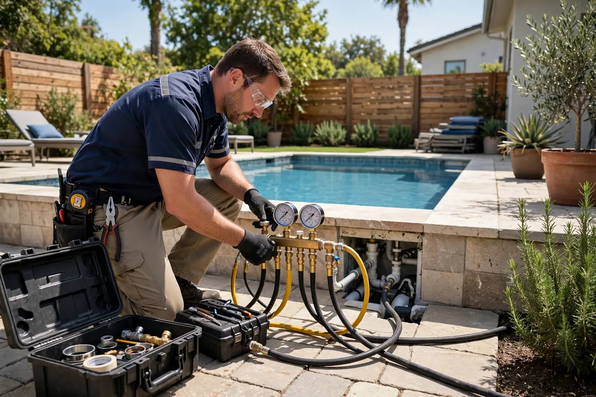 Technician pressure testing pool plumbing to locate a pool leak in Camden, NJ