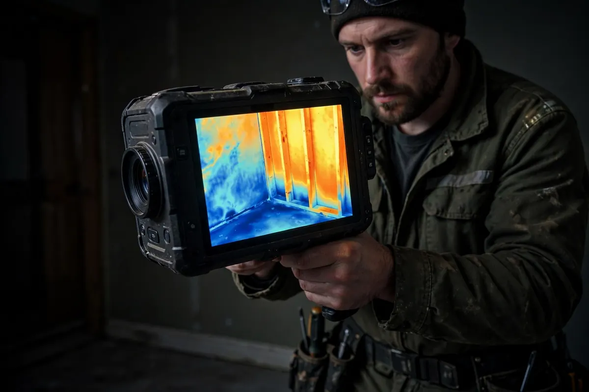 Thermal imaging camera revealing hidden moisture from a leak inside a wall in Camden, NJ