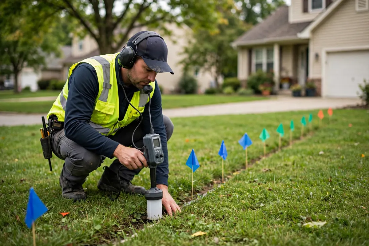 Technician tracing a buried underground water main line in a residential yard in Camden, NJ