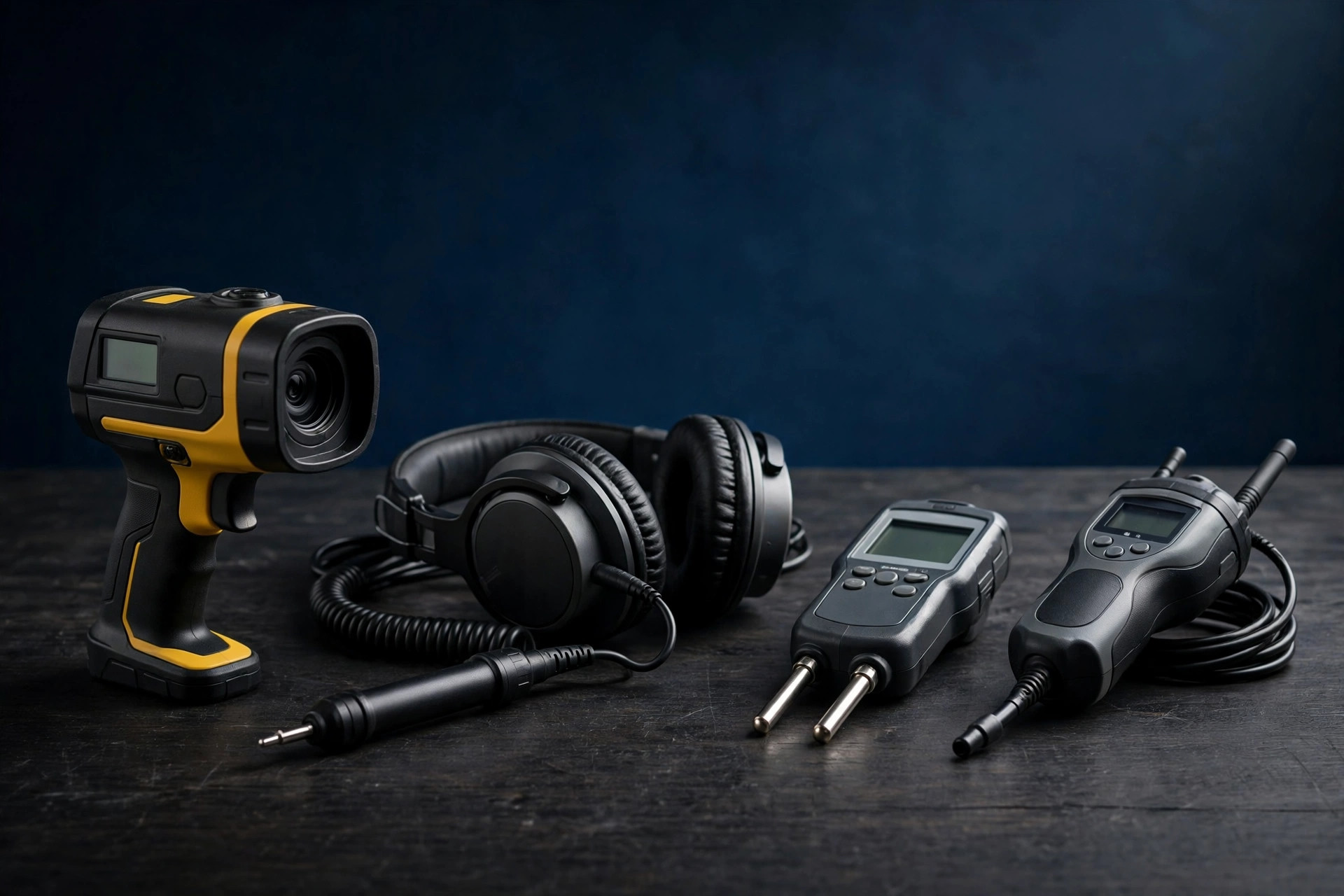 Professional leak detection equipment used by Leak Fix Pros: thermal imaging camera, acoustic listening devices, and moisture meters